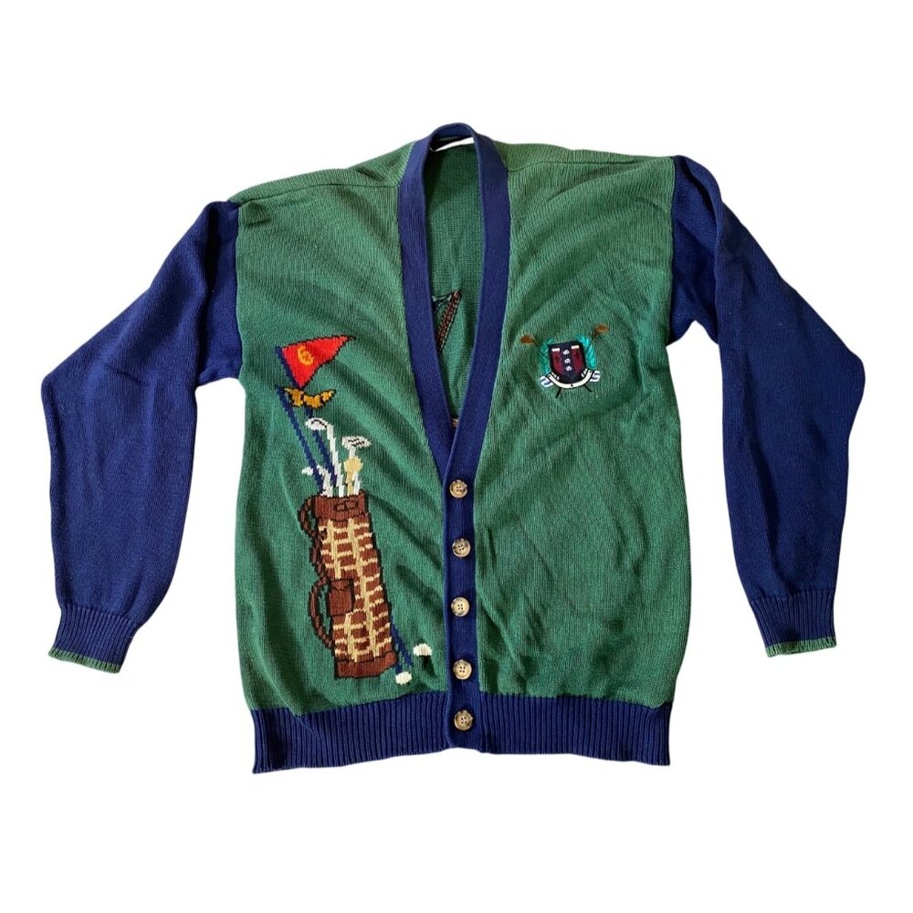 Vintage Links Collection Golf Themed Knit Cardigan Sweater Green & Navy Large
